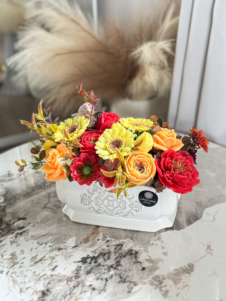 Dekoratyvinė kietojo muilo puokštė prabangioje vazoje RUDENS ATSPALVIAI, (L)